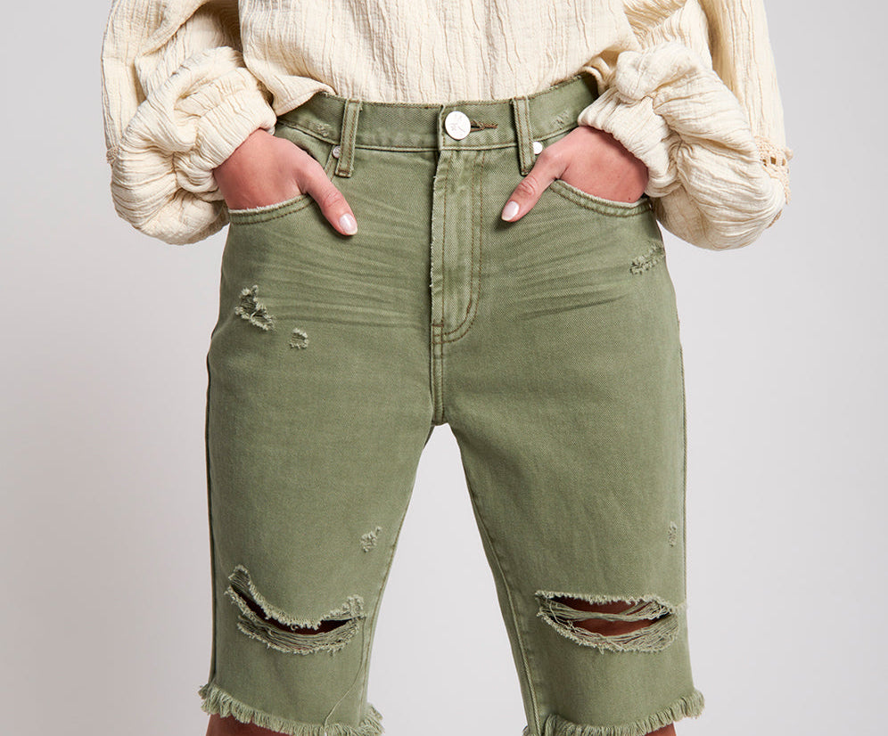 Truckers Mid Waist Long-Length Relaxed Denim Shorts - Super Khaki