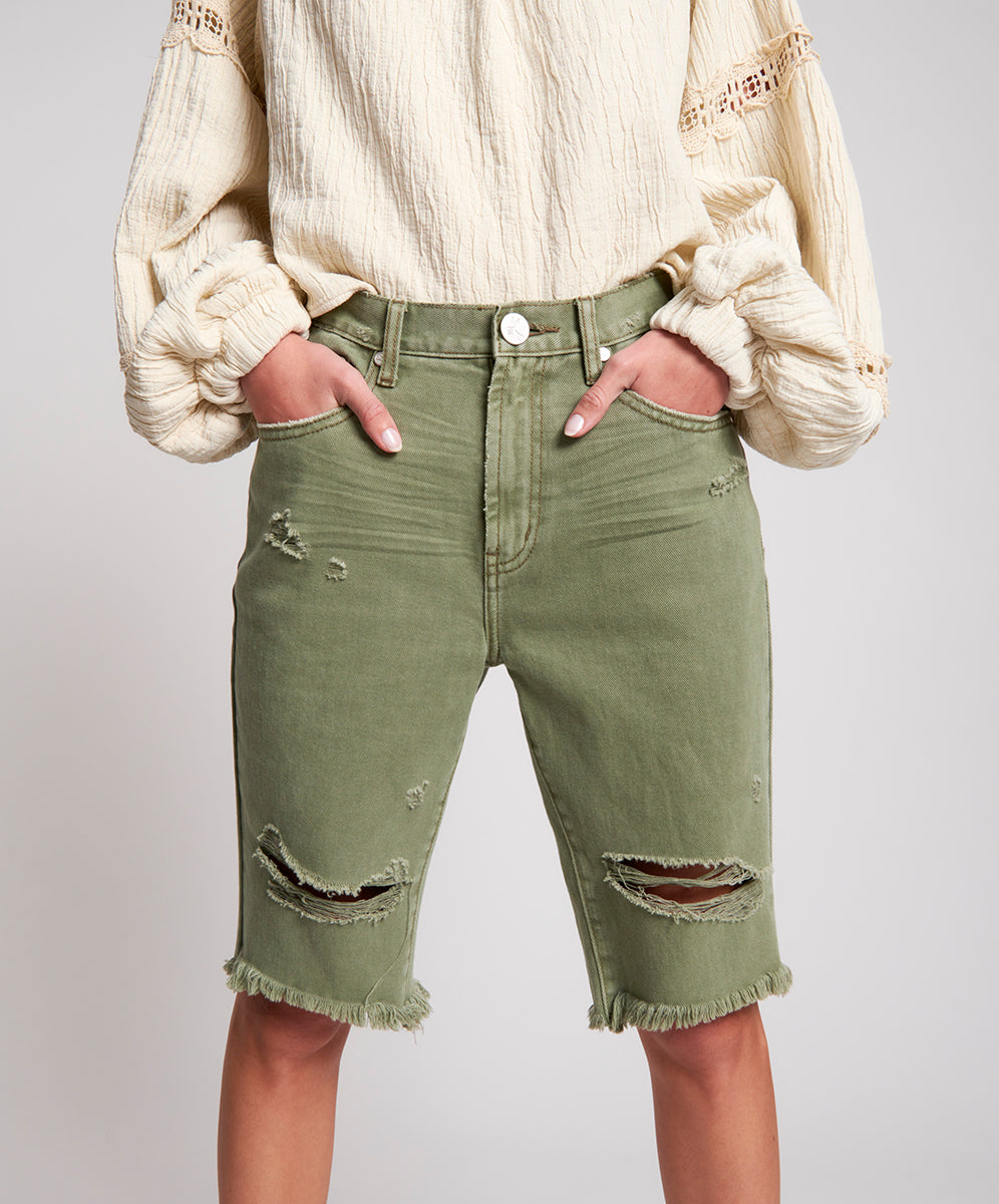 Products Truckers Mid Waist Long-Length Relaxed Denim Shorts - Super Khaki
