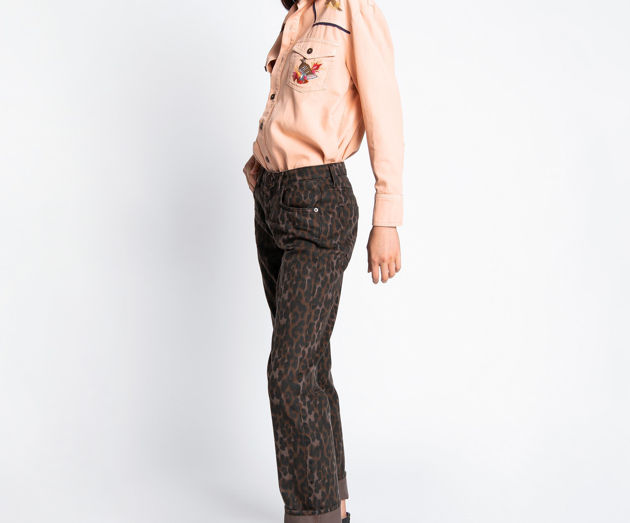 BRONZE LEOPARD TRUCKERS MID RISE STRAIGHT LEG JEANS