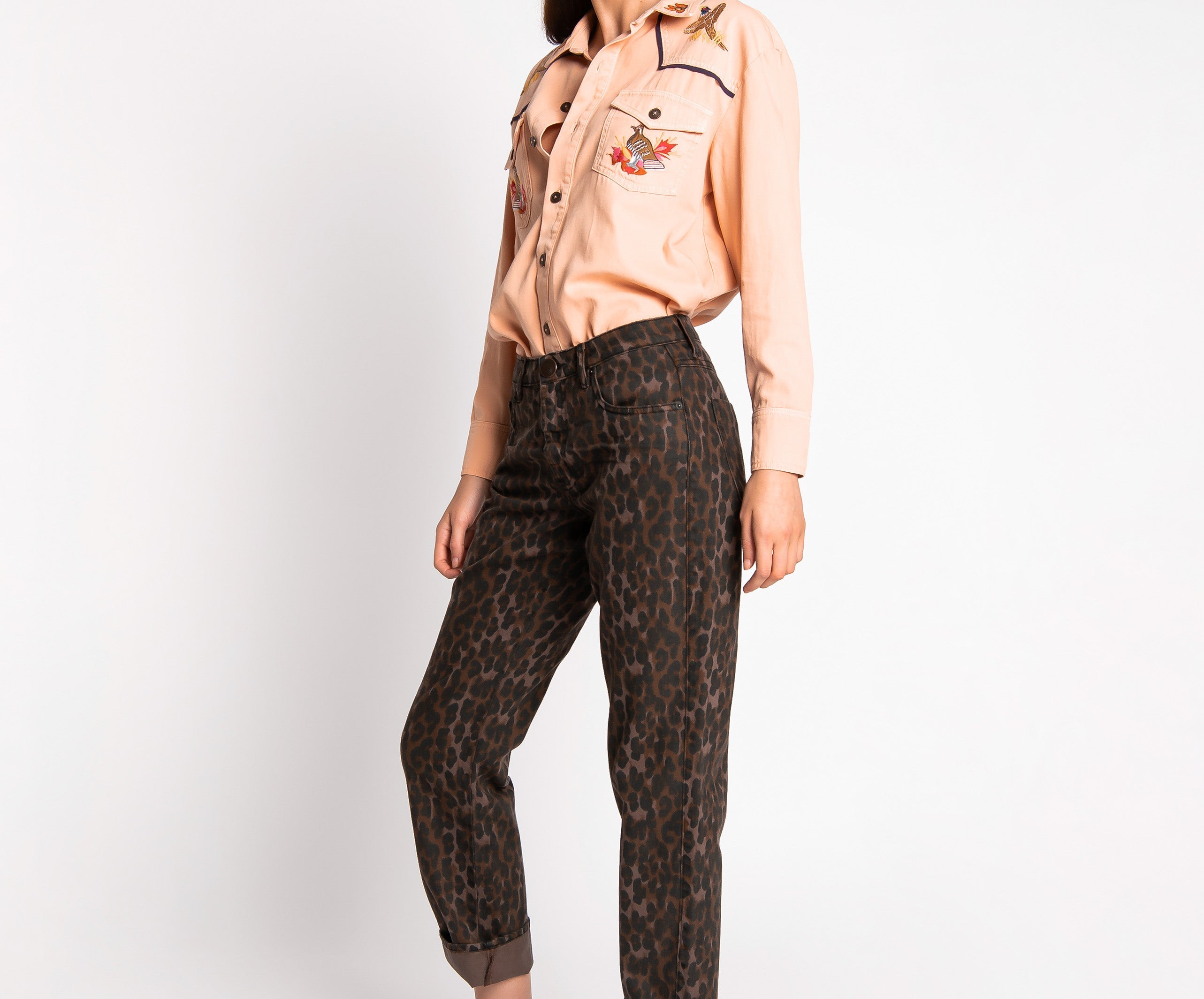 BRONZE LEOPARD TRUCKERS MID RISE STRAIGHT LEG JEANS