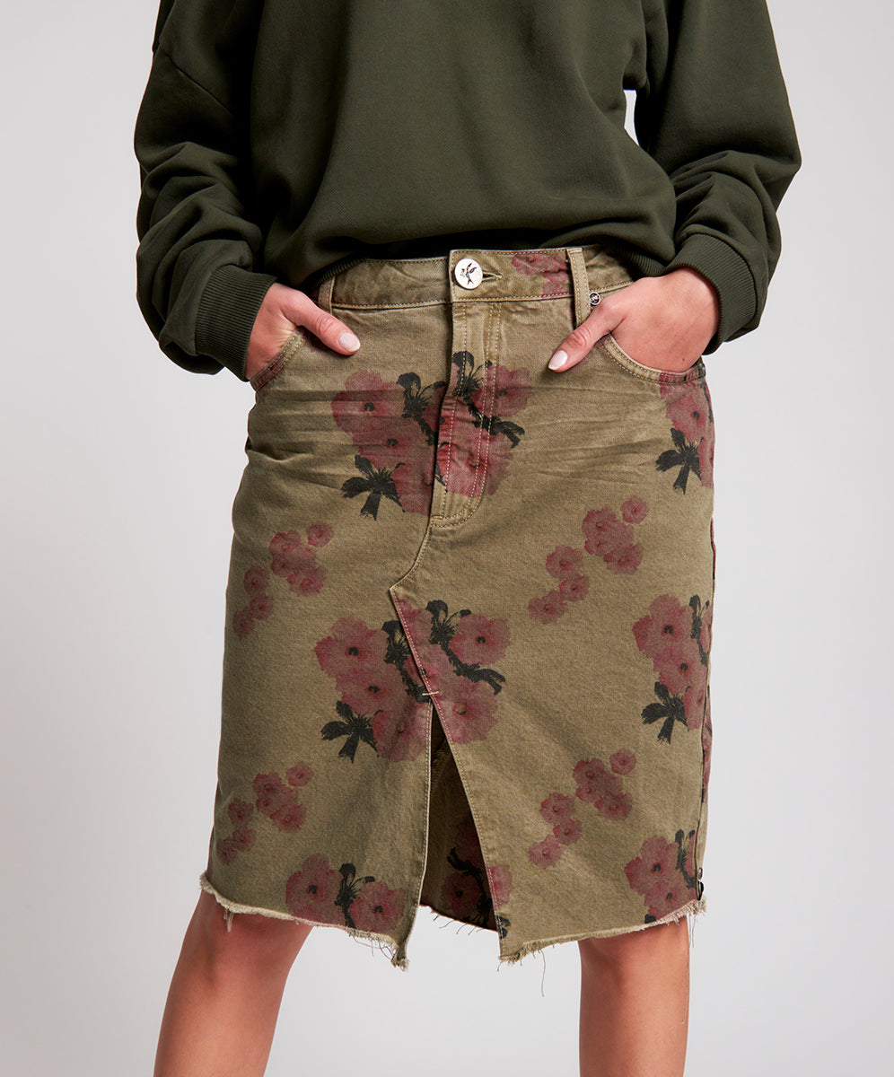 Products Trucker Longline Denim Skirt - Khaki Hibiscus