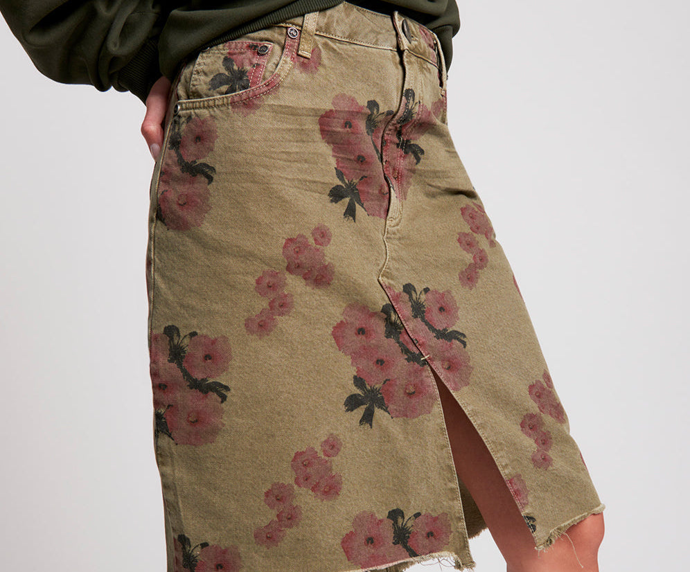 Trucker Longline Denim Skirt - Khaki Hibiscus