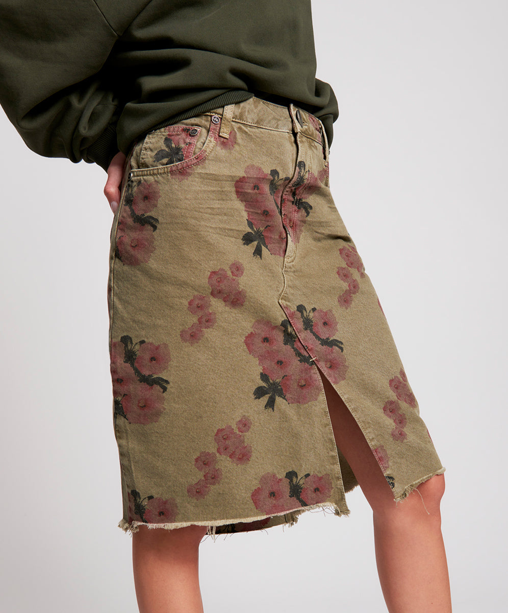 Products Trucker Longline Denim Skirt - Khaki Hibiscus
