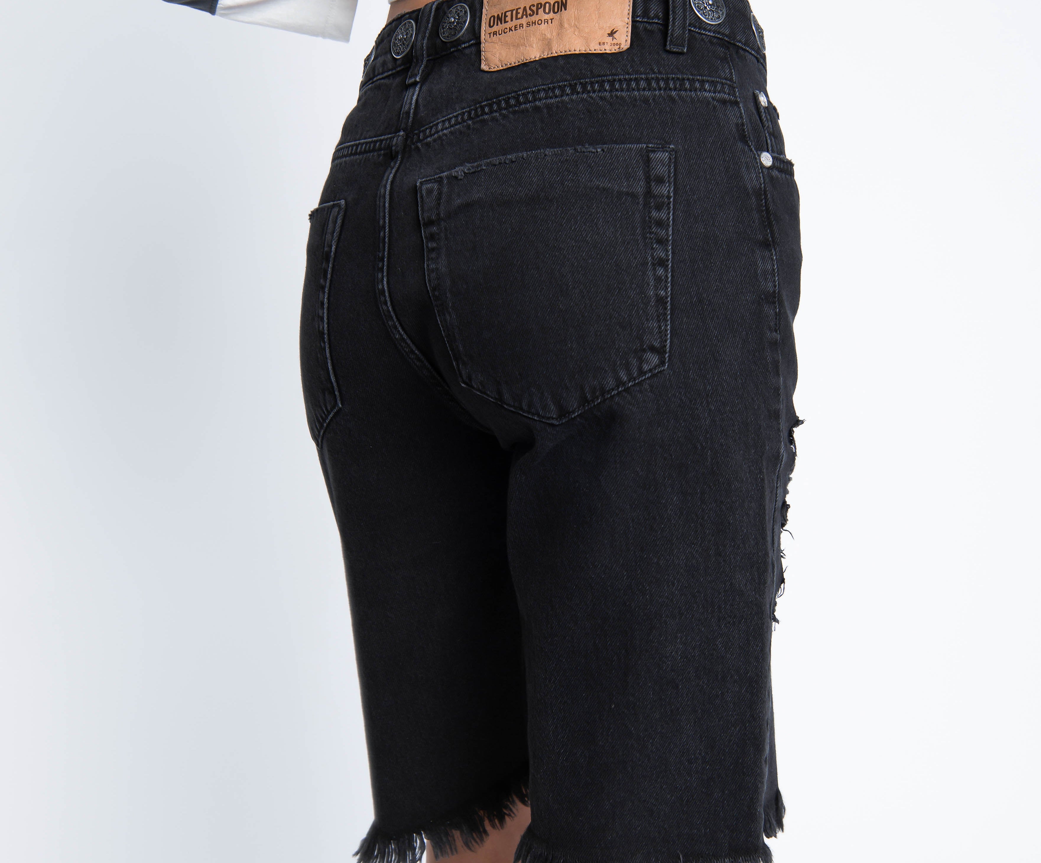 Truckers Mid Waist Long-Length Relaxed Denim Shorts - Black