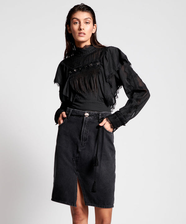 WORN BLACK TRUCKER MID WAIST LONG LENGTH SKIRT