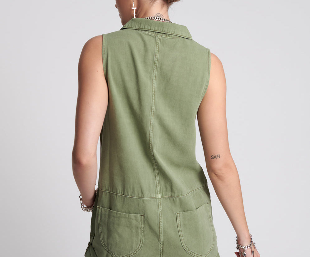 SUPER KHAKI MINI BRAXTON OVERALLS