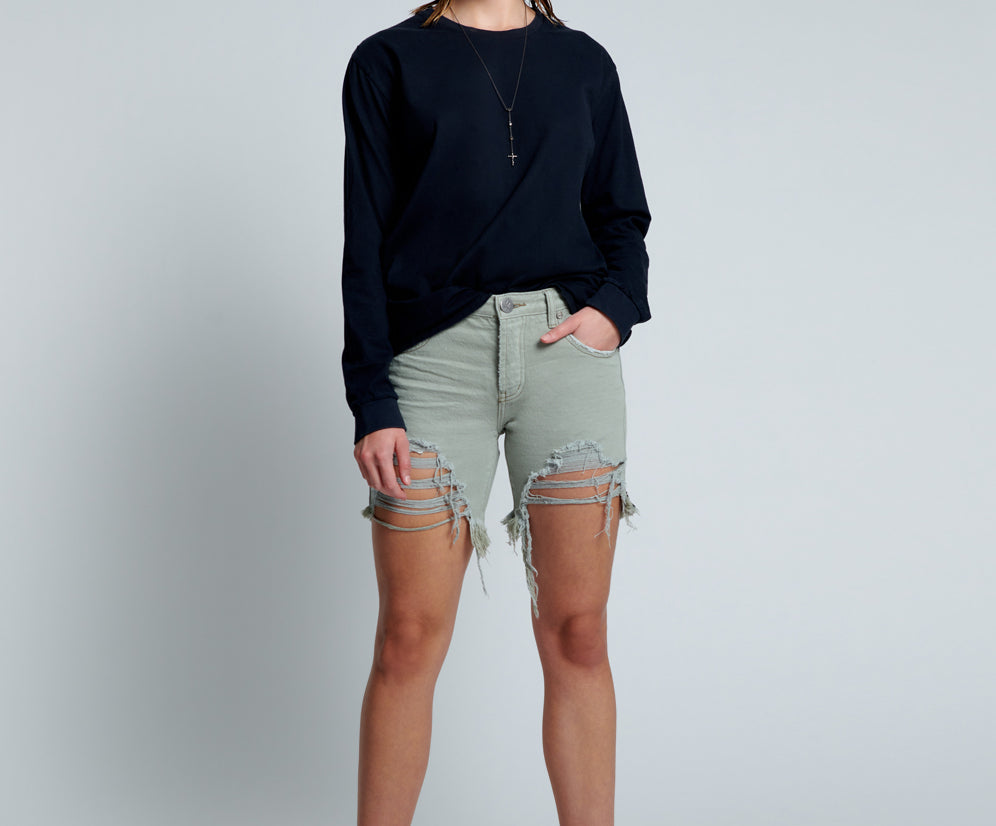 Stevies Low Waist Waist Long Length Boyfriend Denim Shorts - Faded Khaki