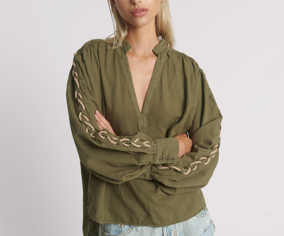 Johnny Linen Lace Up Shirt - Worn Khaki