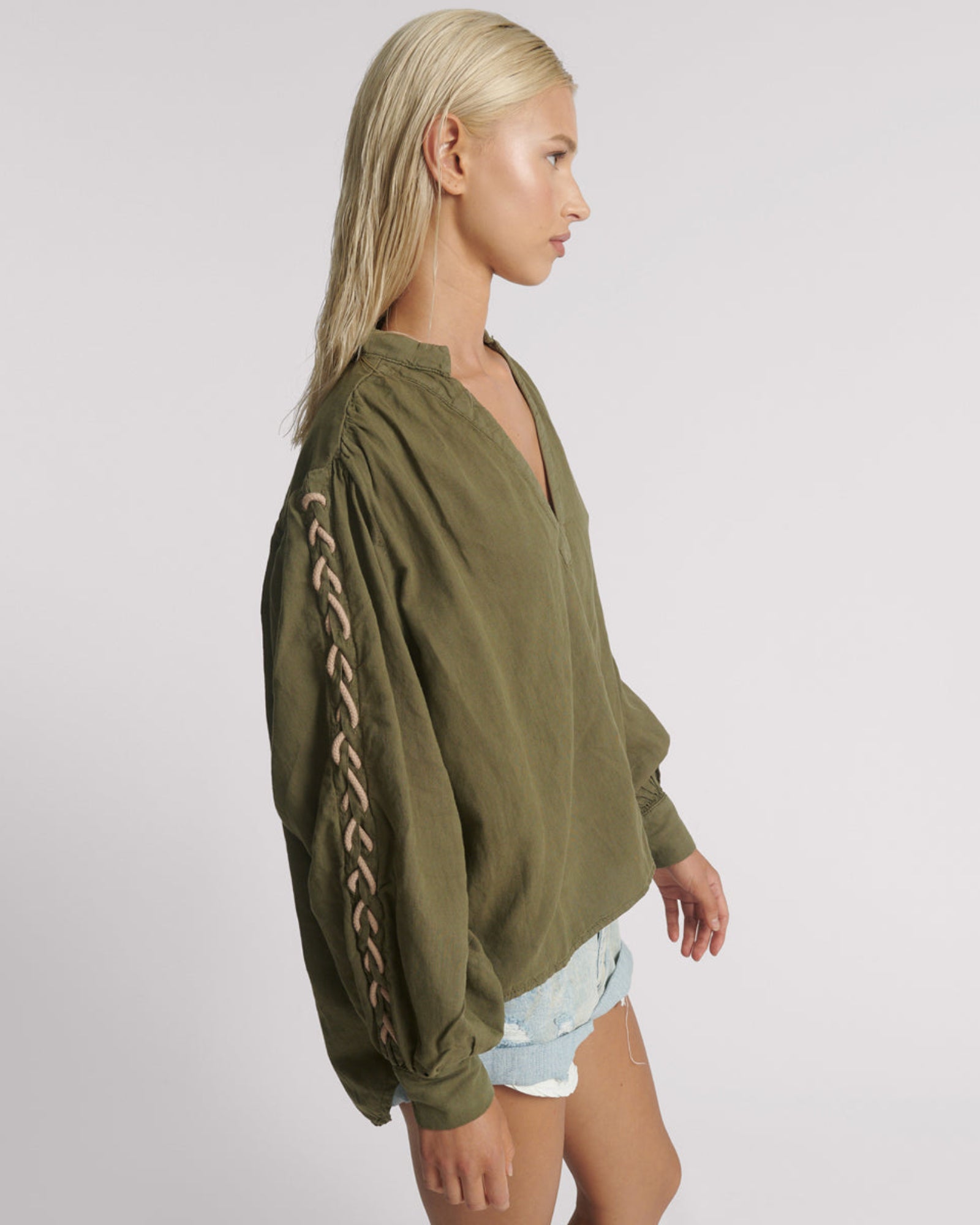 Johnny Linen Lace Up Shirt - Worn Khaki | One Teaspoon USA