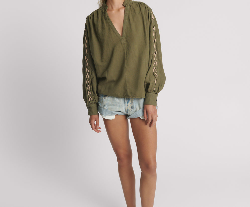 Johnny Linen Lace Up Shirt - Worn Khaki
