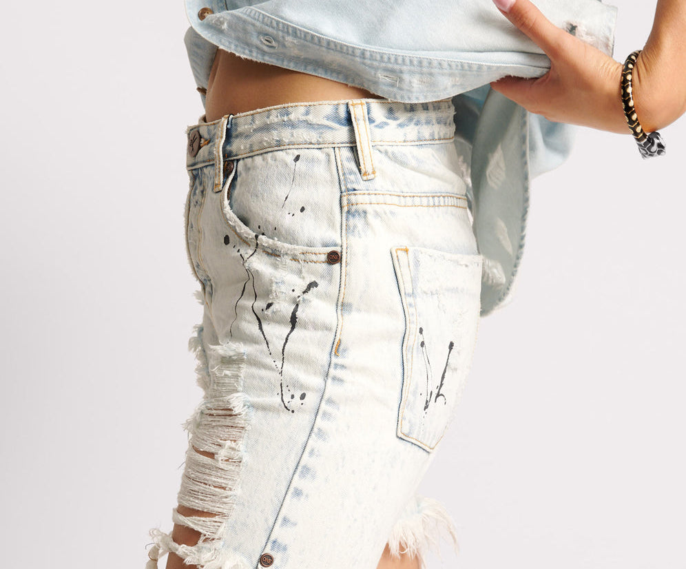 Stevies Low Waist Waist Long Length Boyfriend Denim Shorts - Florence Painted