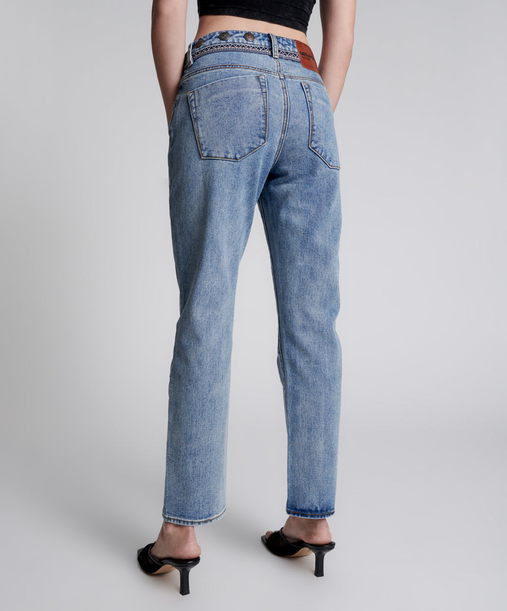 Truckers Mid Waist Straight Leg Denim Jeans - Hollywood