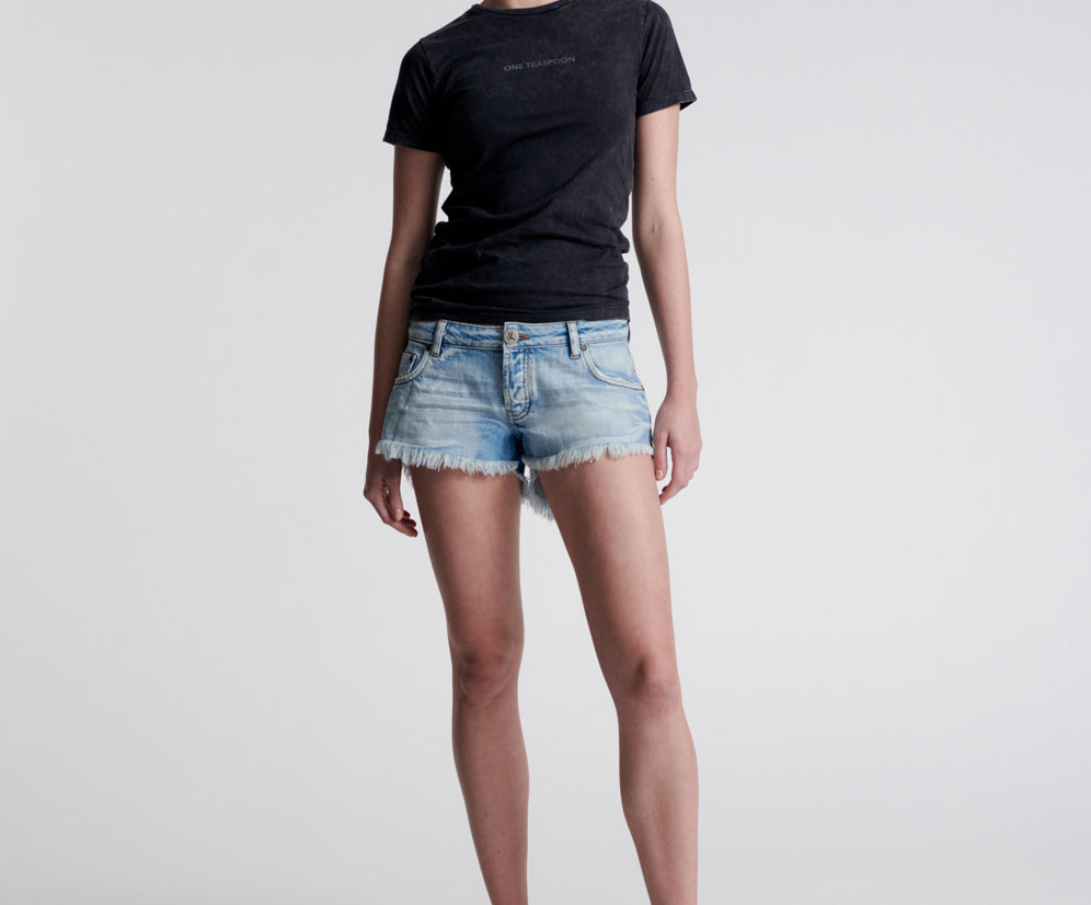 WORN OUT HENDRIXE DUKES LOW WAIST MINI DENIM SHORTS
