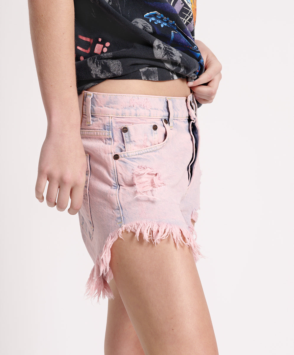 Outlaws Low Waist Mid Length Denim Shorts - Pink Haze | One