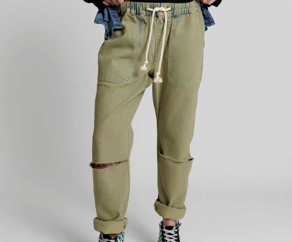 Shabbies Low Waist Drawstring Boyfriend Denim Jeans - Khaki Haze
