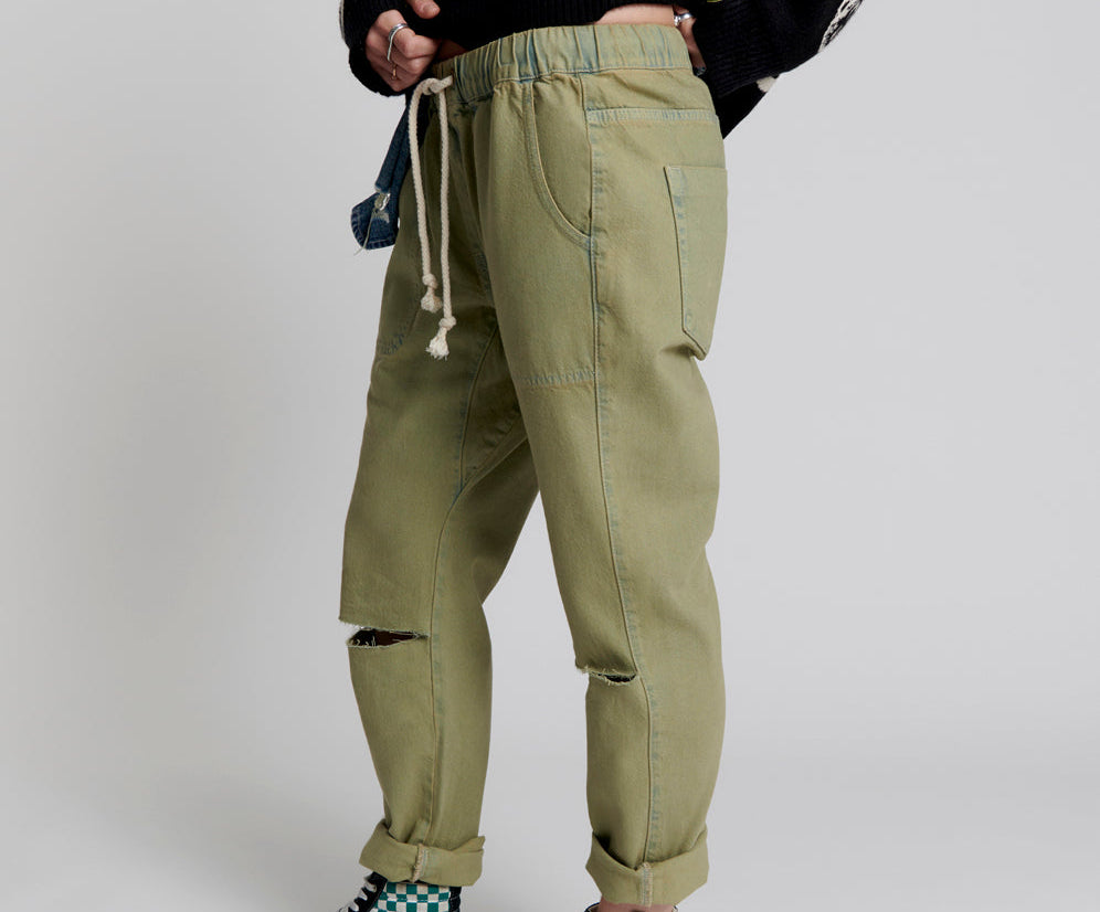 Shabbies Low Waist Drawstring Boyfriend Denim Jeans - Khaki Haze