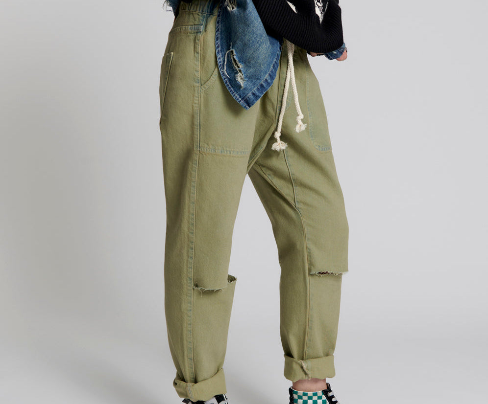 Shabbies Low Waist Drawstring Boyfriend Denim Jeans - Khaki Haze