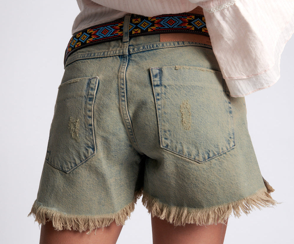 Marlons Low Waist Boyfriend Denim Shorts - Khaki Haze