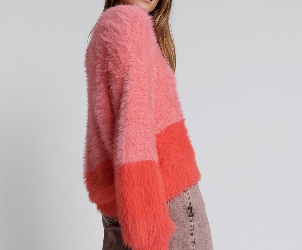 FLUFFY COLOUR BLOCK KNIT SWEATER