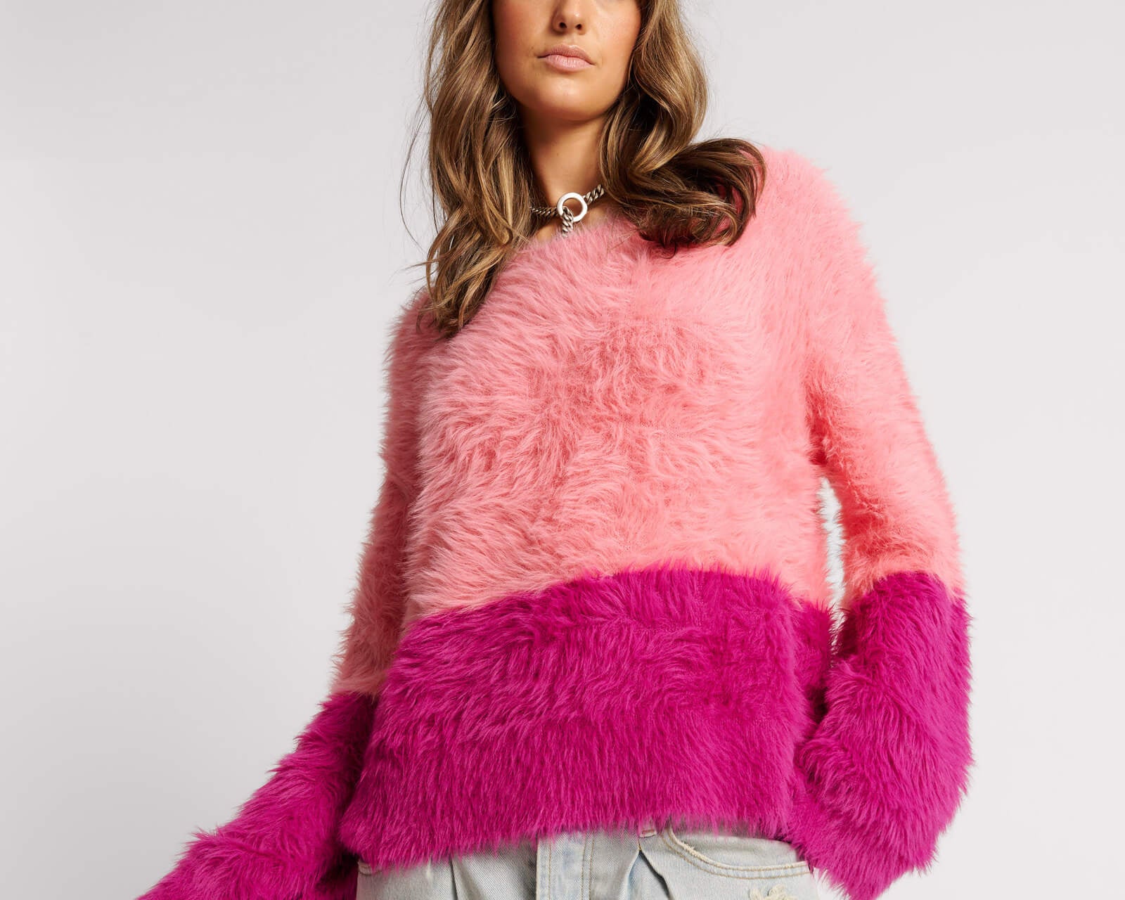 Fluffy Colour Block Sweater - Pink