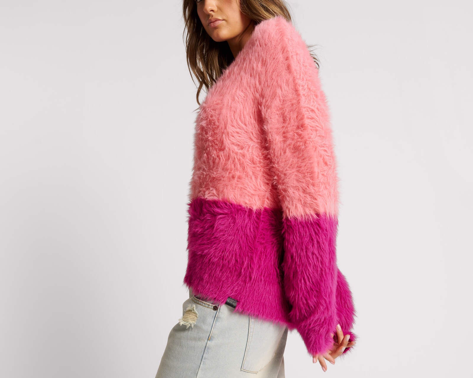 Fluffy Colour Block Sweater - Pink