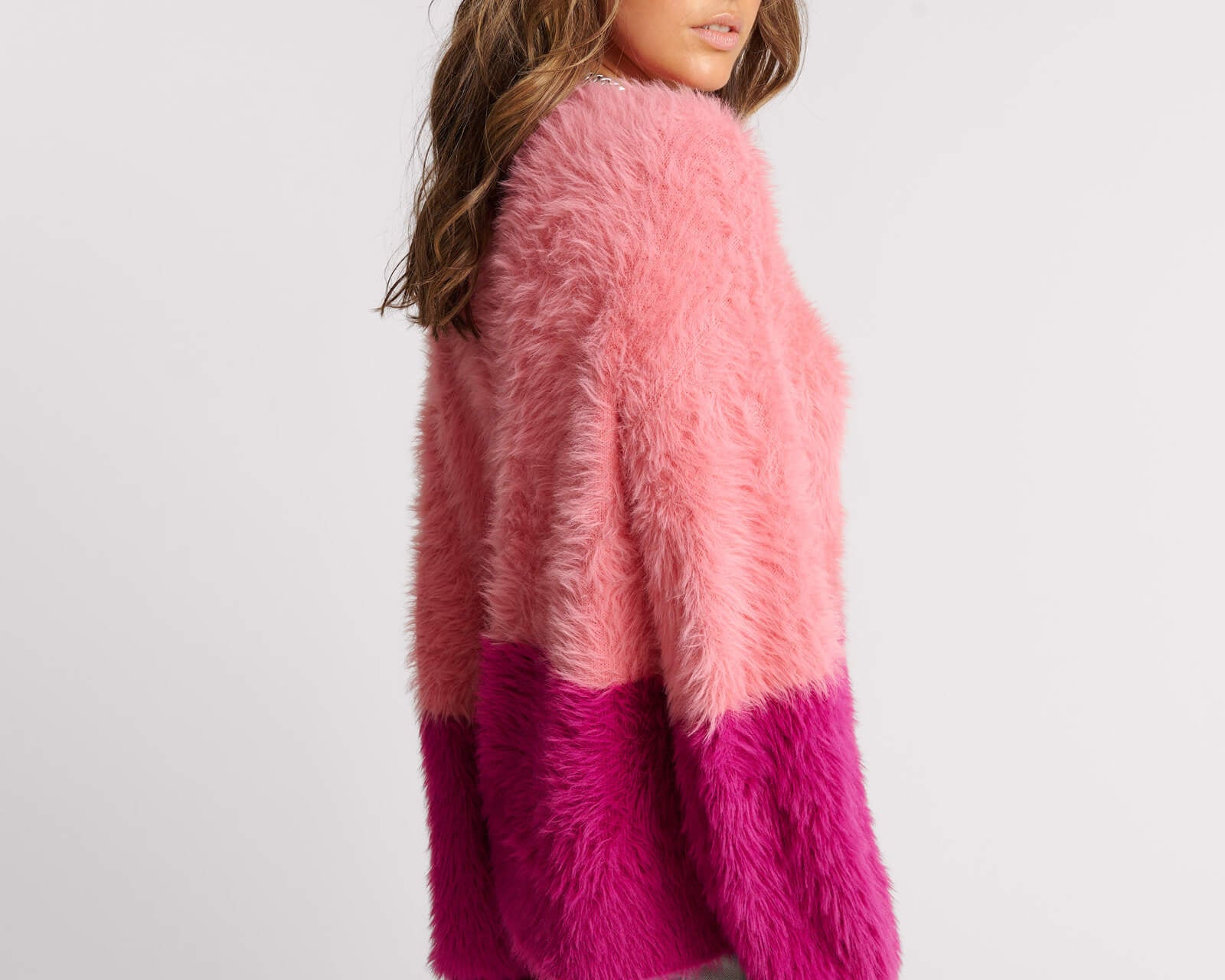 Fluffy Colour Block Sweater - Pink
