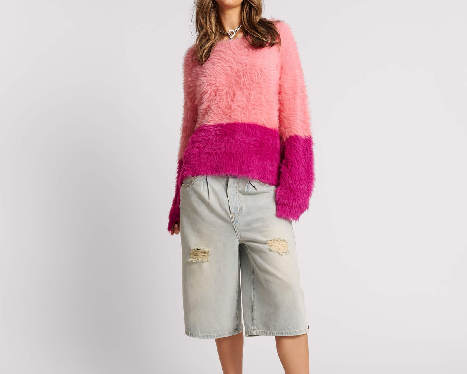 Fluffy Colour Block Sweater - Pink