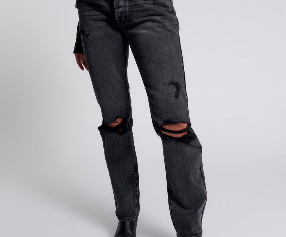 Truckers Mid Waist Straight Leg Denim Jeans - Faded Black