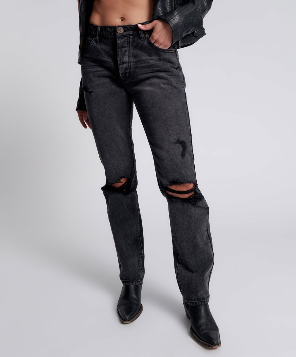 Products Truckers Mid Waist Straight Leg Denim Jeans - Faded Black