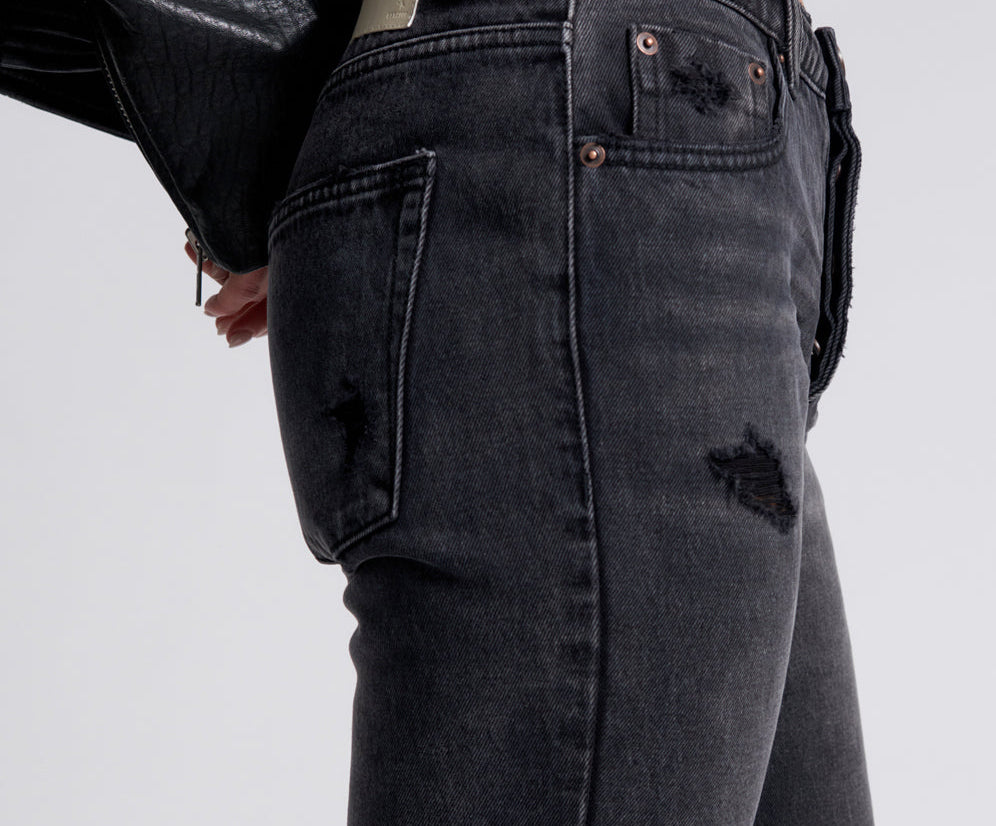 Truckers Mid Waist Straight Leg Denim Jeans - Faded Black