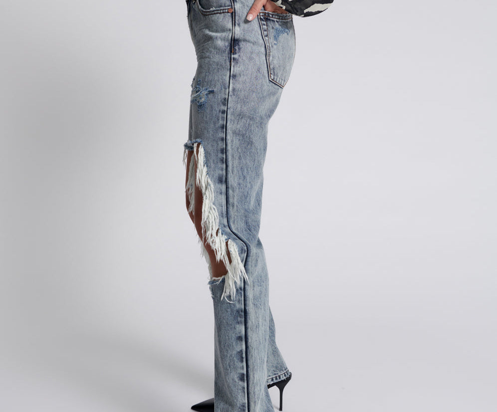 Awesome Baggies High Waist Straight Leg Denim Jeans - Blue Blossom