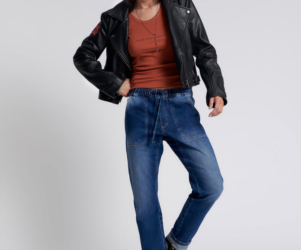 Shabbies Low Waist Drawstring Boyfriend Denim Jeans - Power Blue