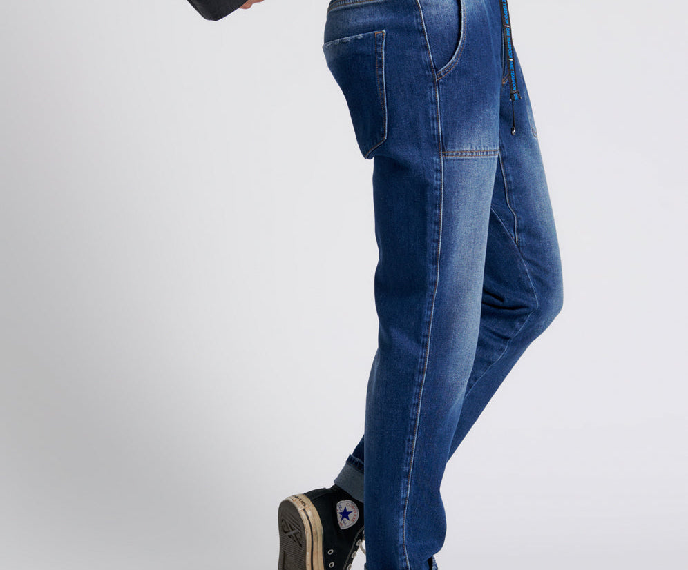 LUXE POWER BLUE SHABBIES DRAWSTRING BOYFRIEND JEANS