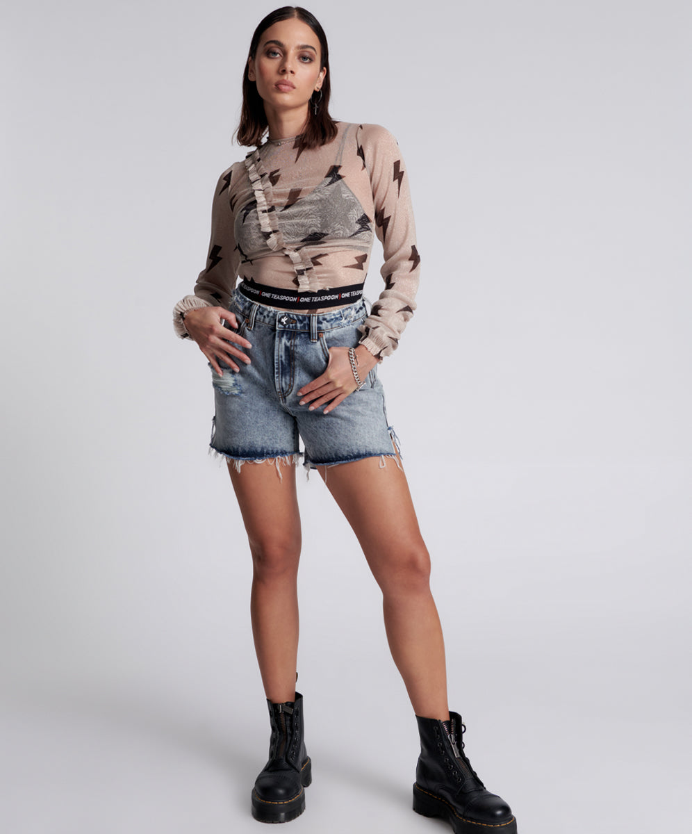Products Legends High Waist Mom Fit Denim Shorts - Blue Blossom
