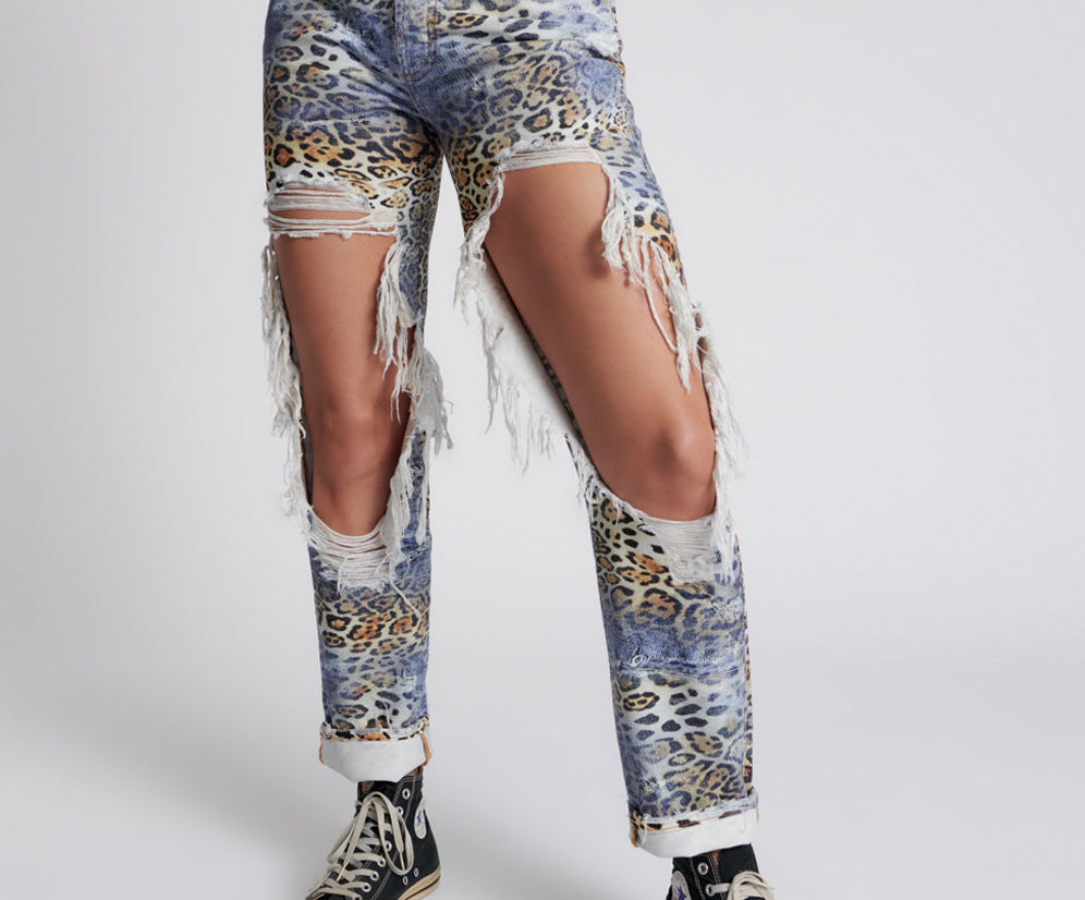 LEOPARTY TRUCKERS MID RISE STRAIGHT LEG JEANS