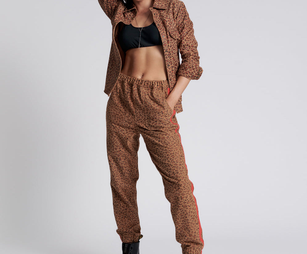 Wild Thing Suede Shabbies Drawstring Boyfriend Pants - Cheetah
