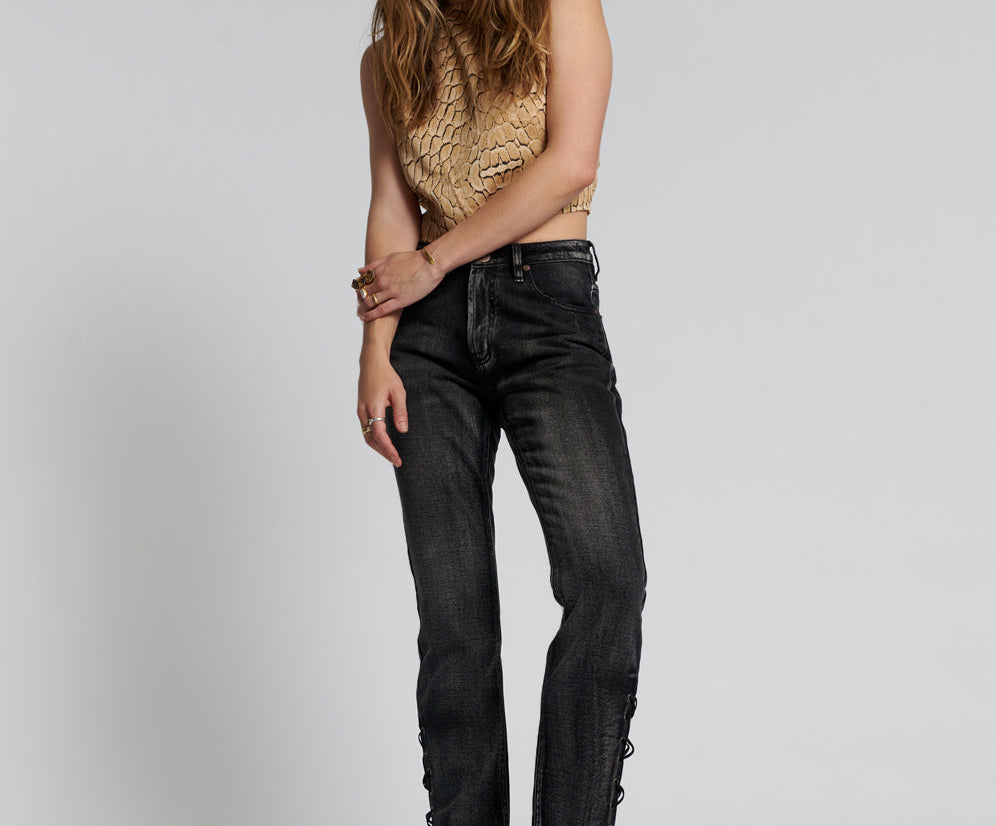 LACED AWESOME BAGGIES HIGH WAIST STRAIGHT LEG JEANS