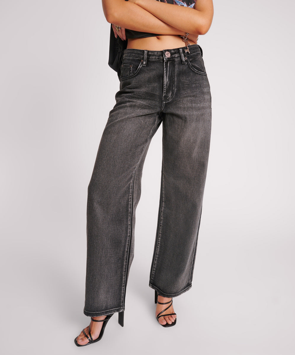 Jackson Mid Waist Wide Leg Denim Jeans - Faded Black | One