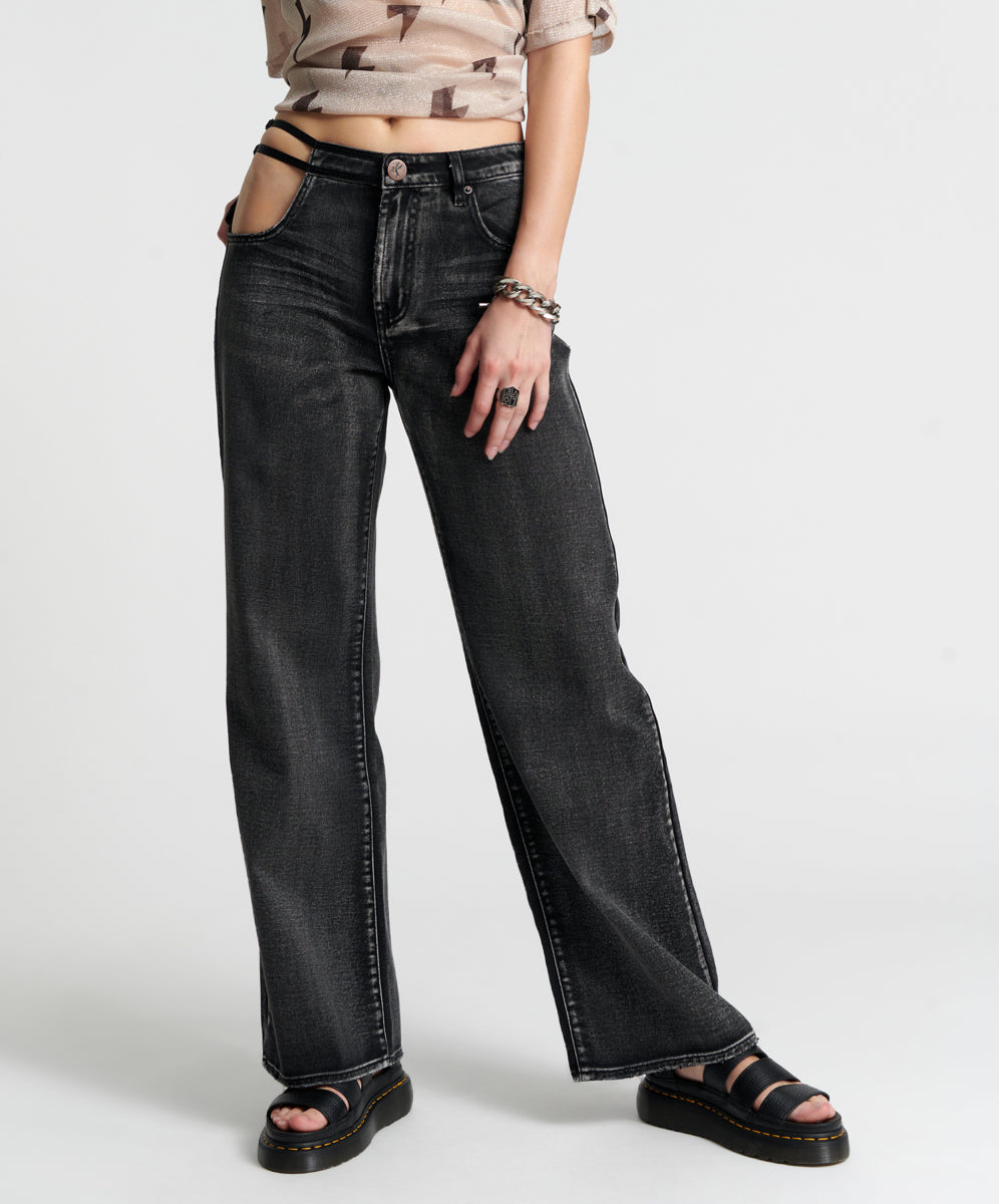 Jackson Mid Waist Wide Leg Denim Jeans - Faded Black | One