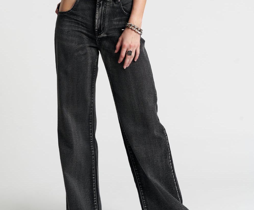 Jackson Mid Waist Wide Leg Denim Jeans - Faded Black