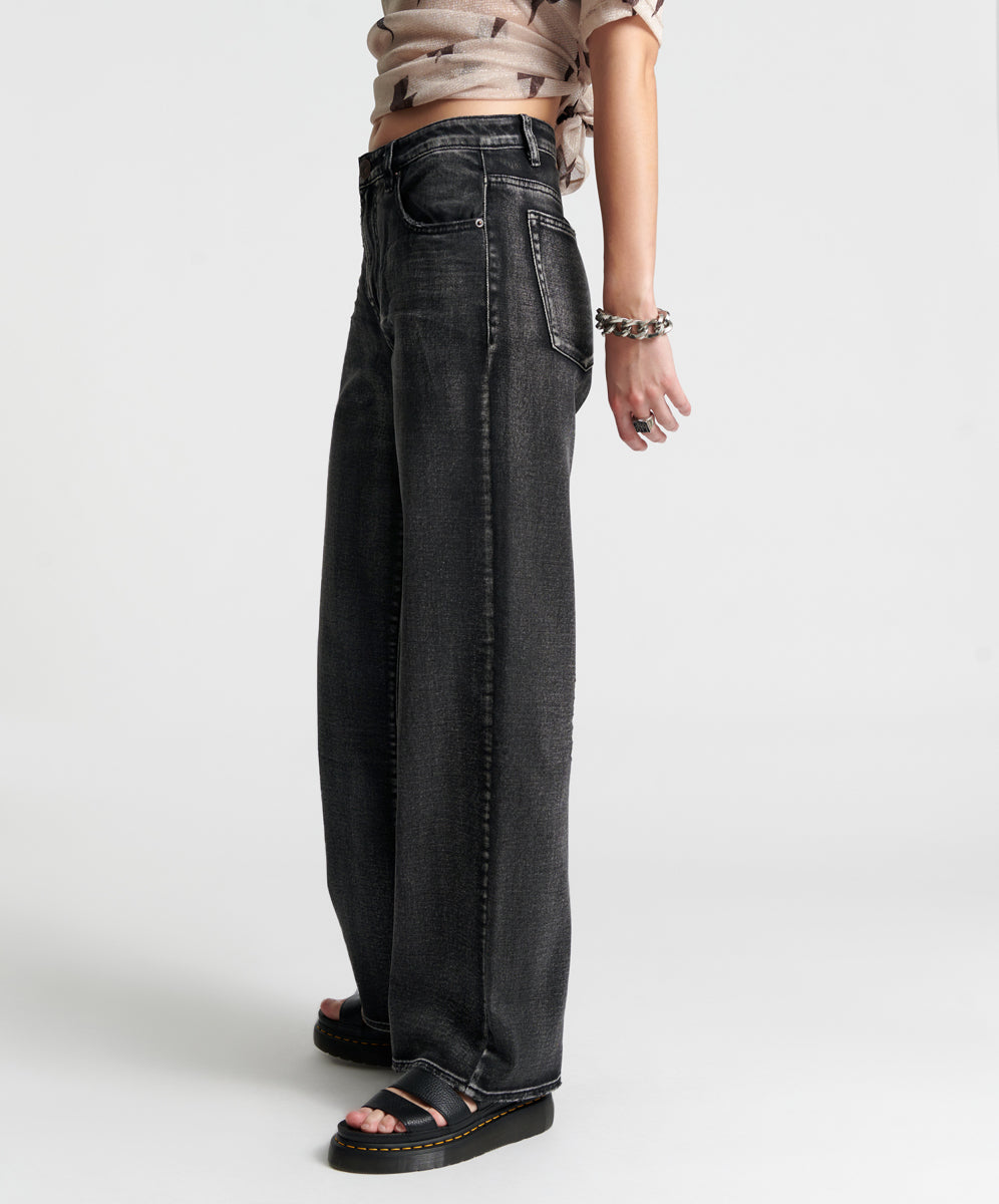 Jackson Mid Waist Wide Leg Denim Jeans - Faded Black | One