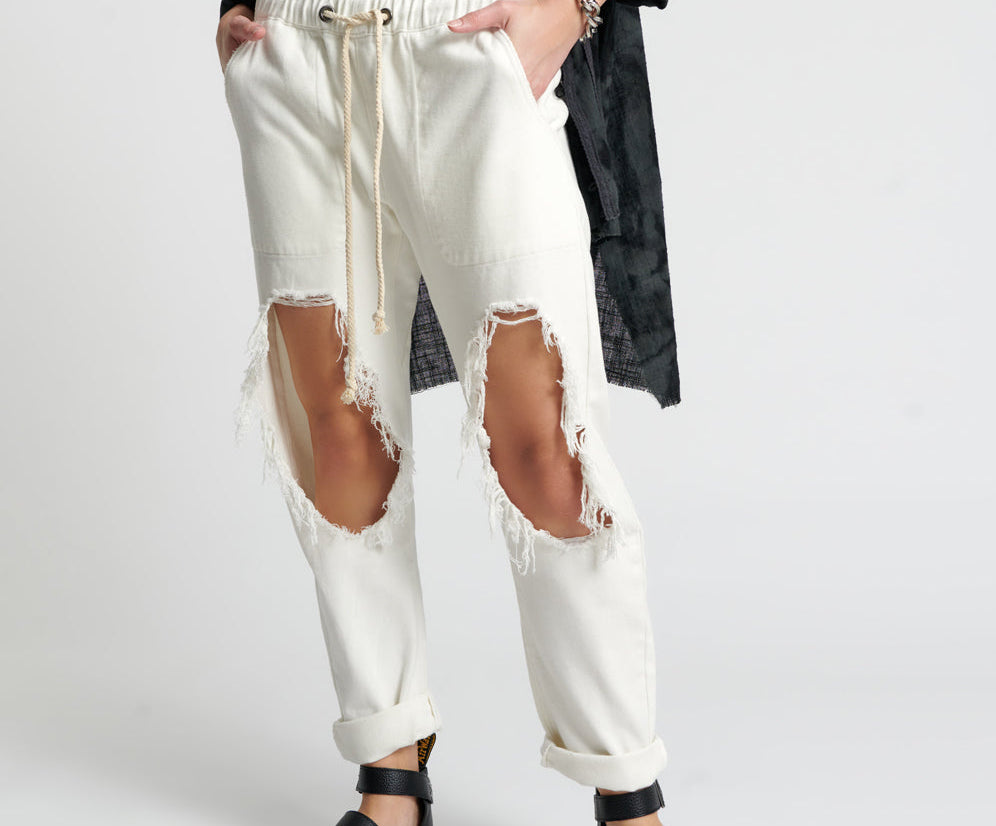 Shabbies Low Waist Drawstring Boyfriend Denim Jeans - Soft White
