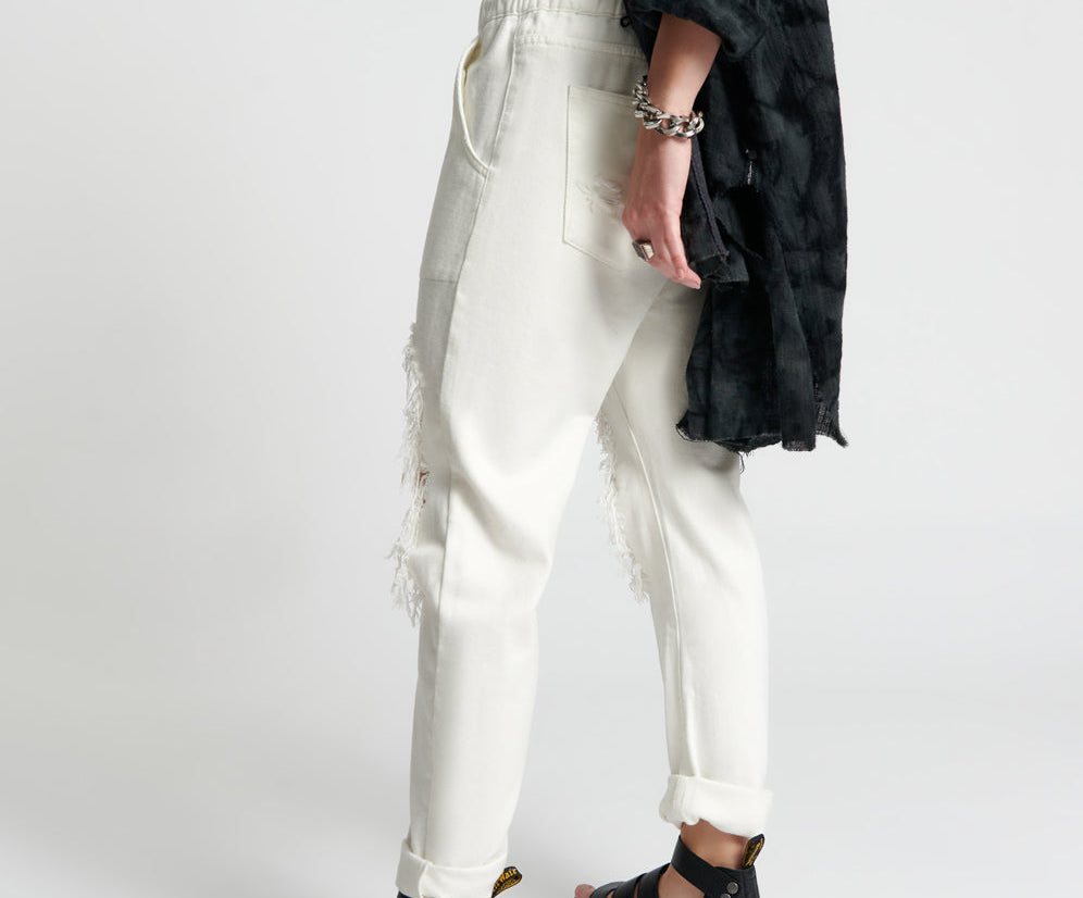 Shabbies Low Waist Drawstring Boyfriend Denim Jeans - Soft White