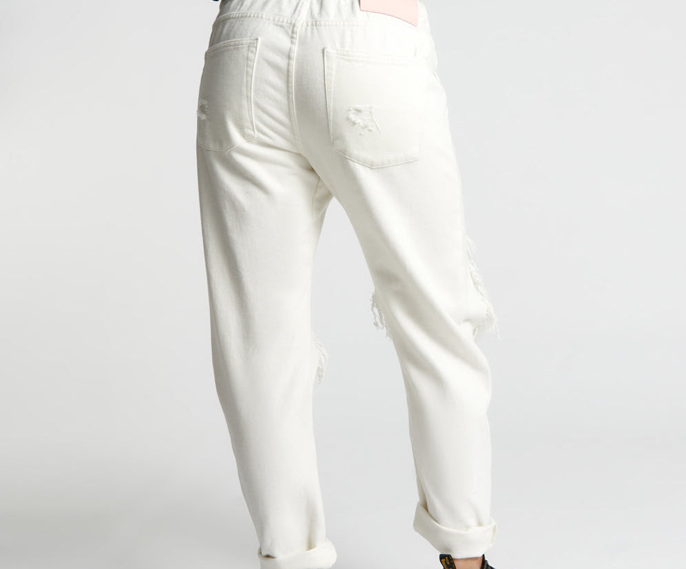 Shabbies Low Waist Drawstring Boyfriend Denim Jeans - Soft White