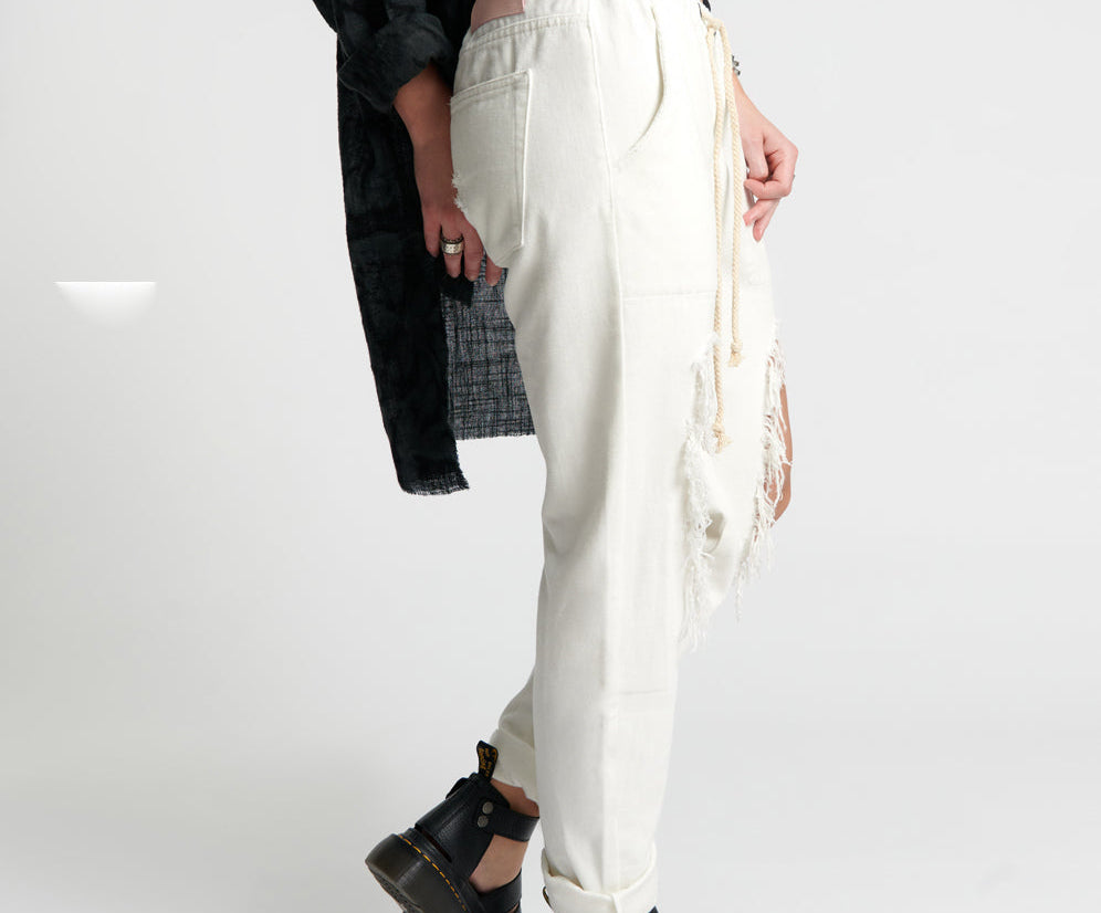 Shabbies Low Waist Drawstring Boyfriend Denim Jeans - Soft White