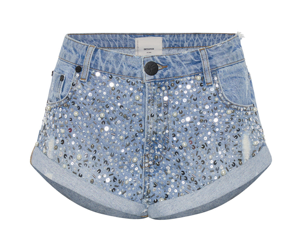 HAND BEADED BANDITS LOW WAIST DENIM SHORTS