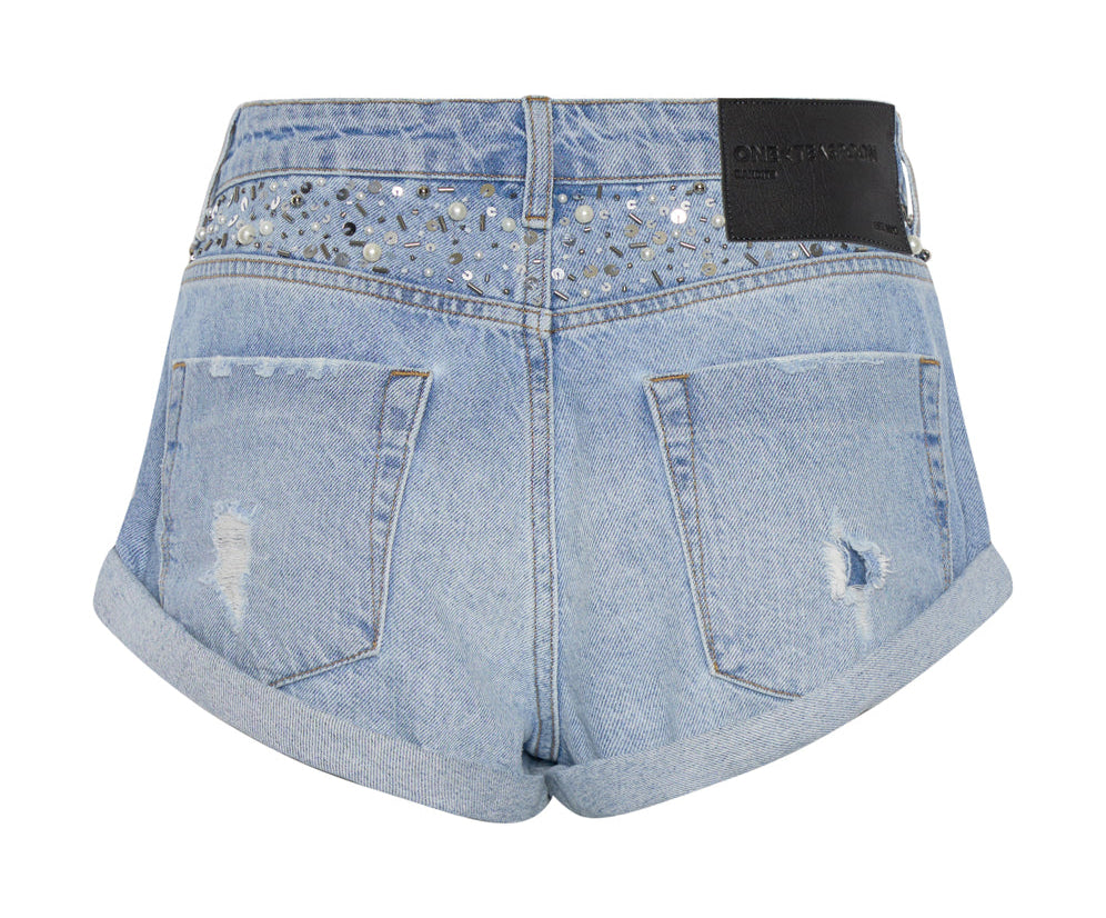 HAND BEADED BANDITS LOW WAIST DENIM SHORTS