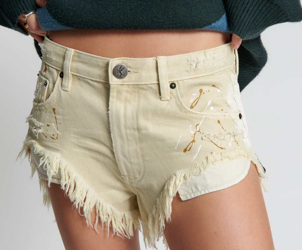VEGAS GOLD PAINTED ROLLERS DENIM SHORTS