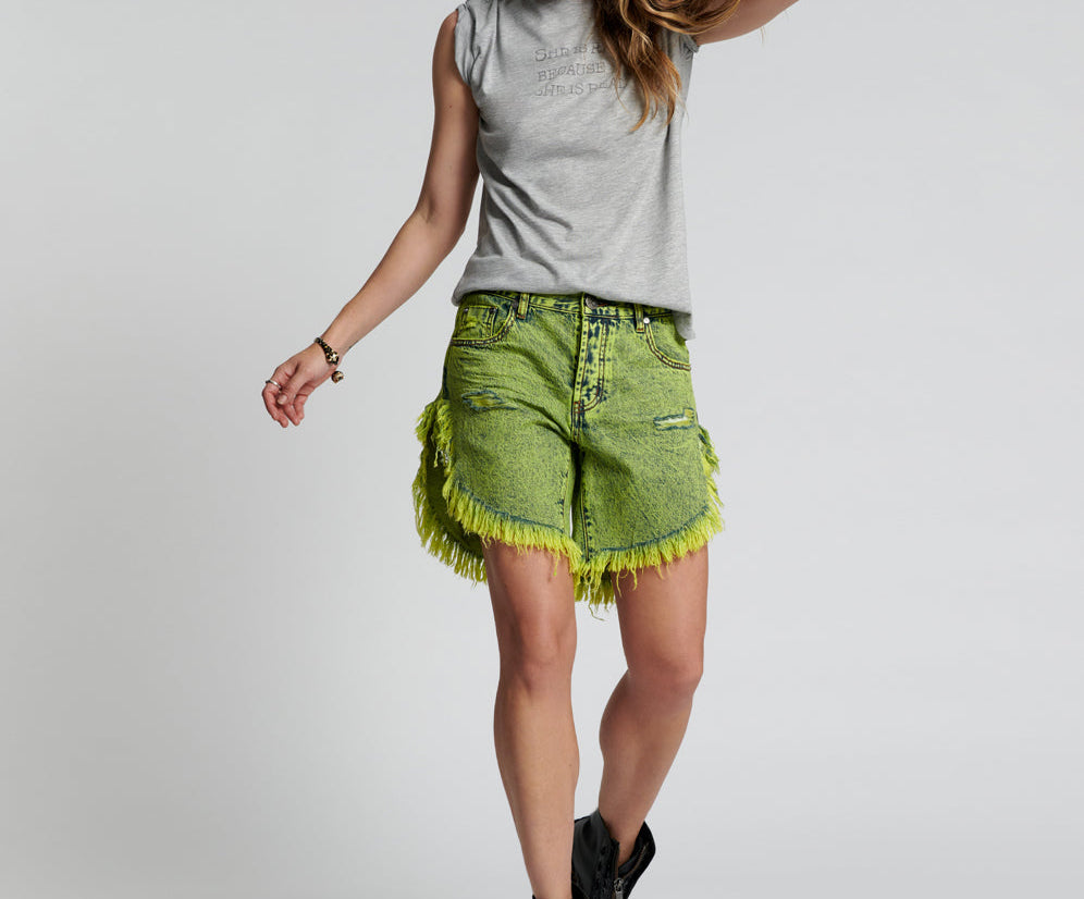 Frankies Low Waist Long Length Denim Shorts - Cyber Lime