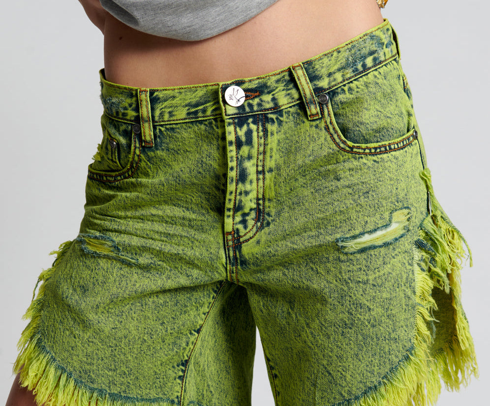 Frankies Low Waist Long Length Denim Shorts - Cyber Lime